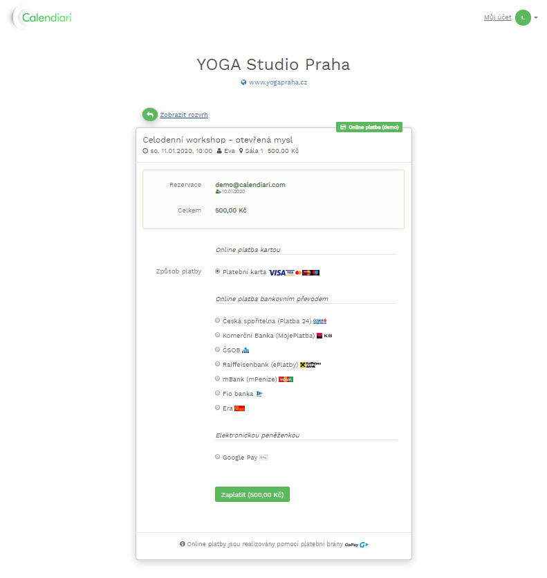 Online platba rezervace