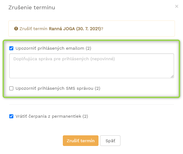 Zrusenie terminu a odoslanie emailu