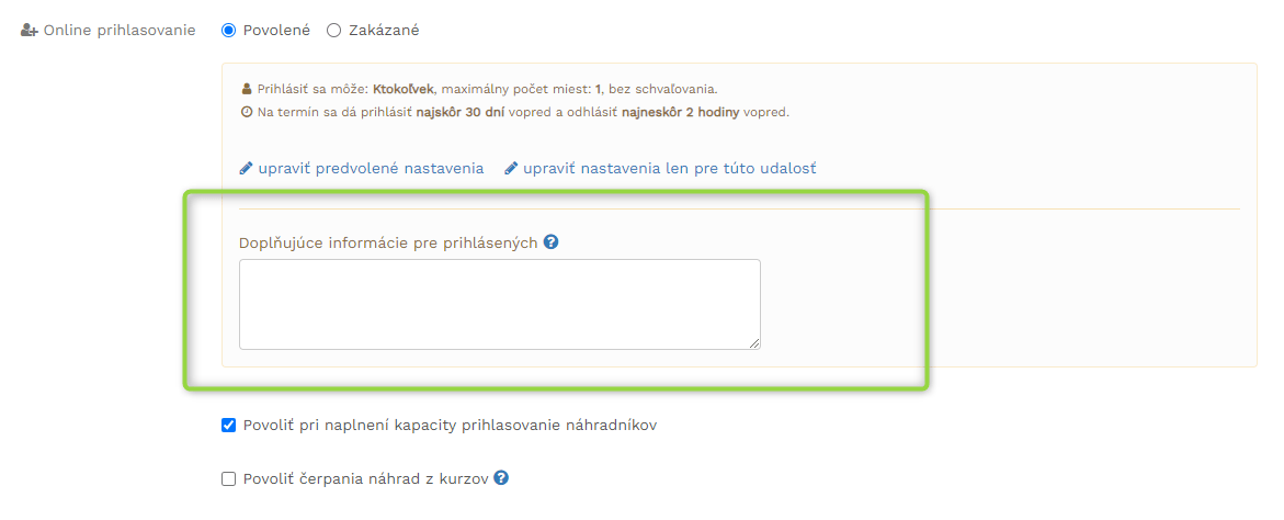 Doplnujuce informacie pre prihlasenych